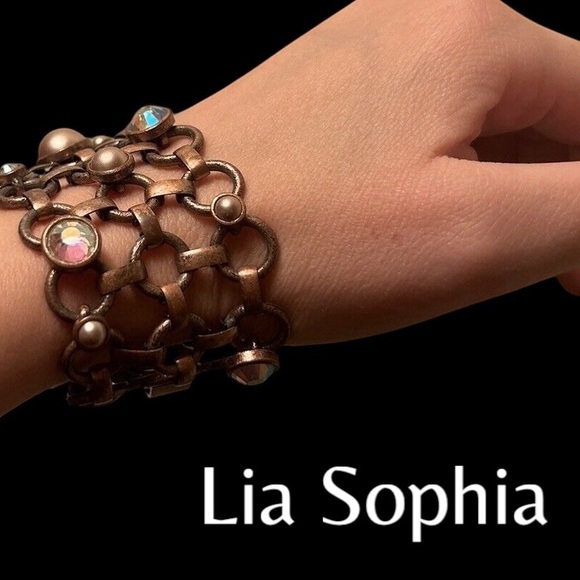 Retired Lia Sophia "Rosebud" Copper Link w/Crystals & Faux Pearls Bracelet - Picture 9 of 9
